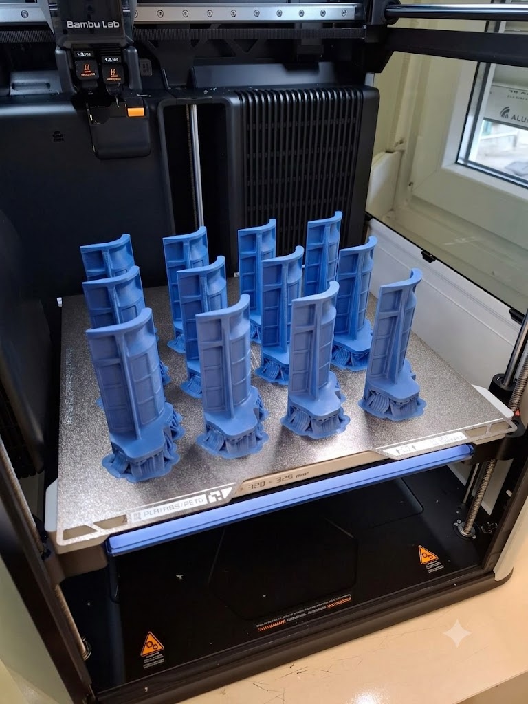 Seria niebieskich detali na stole drukarki 3D Bambu Lab